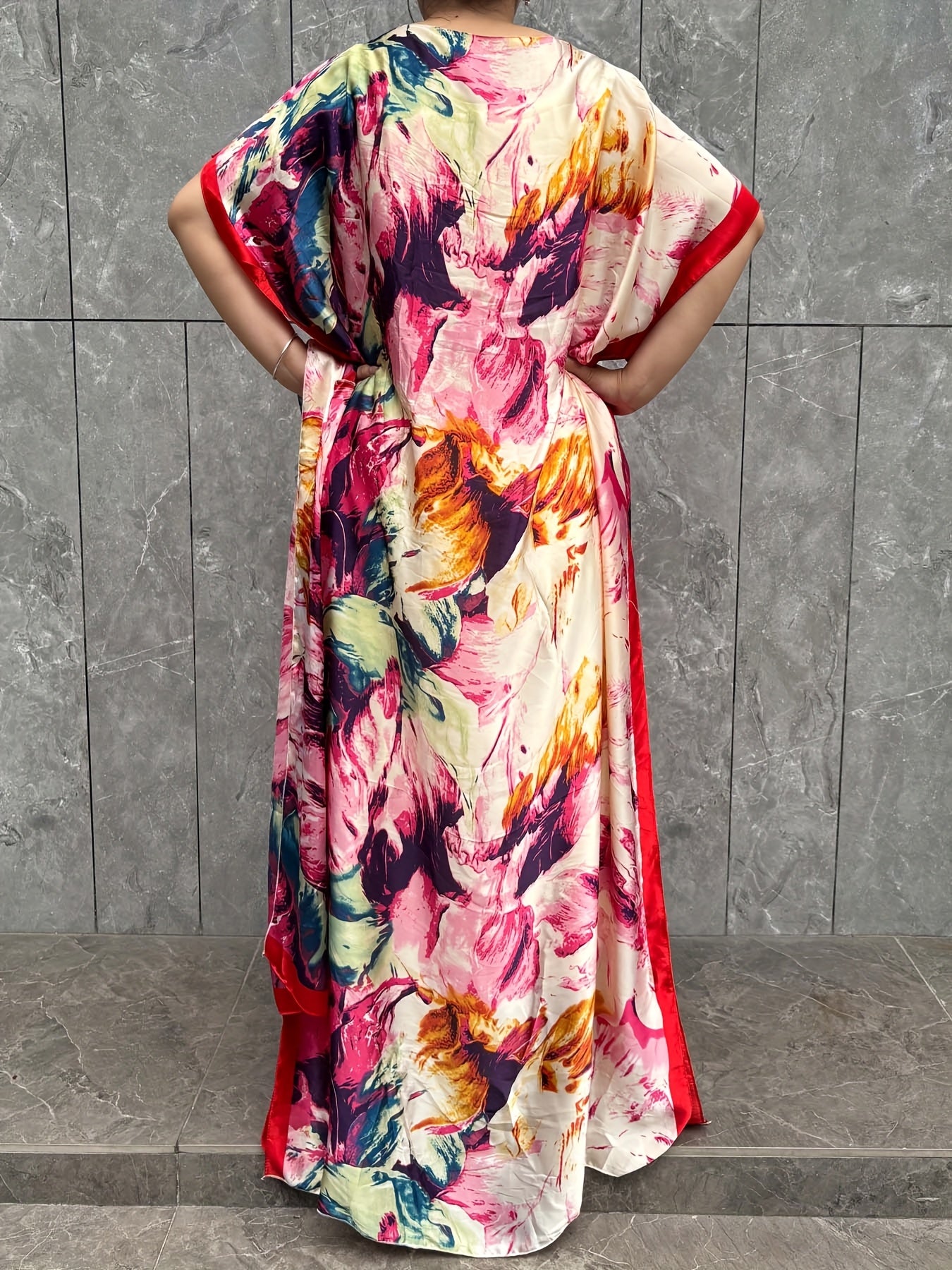 Plus Size Turkish Robe With Scarf Floral Print Batwing Sleeves