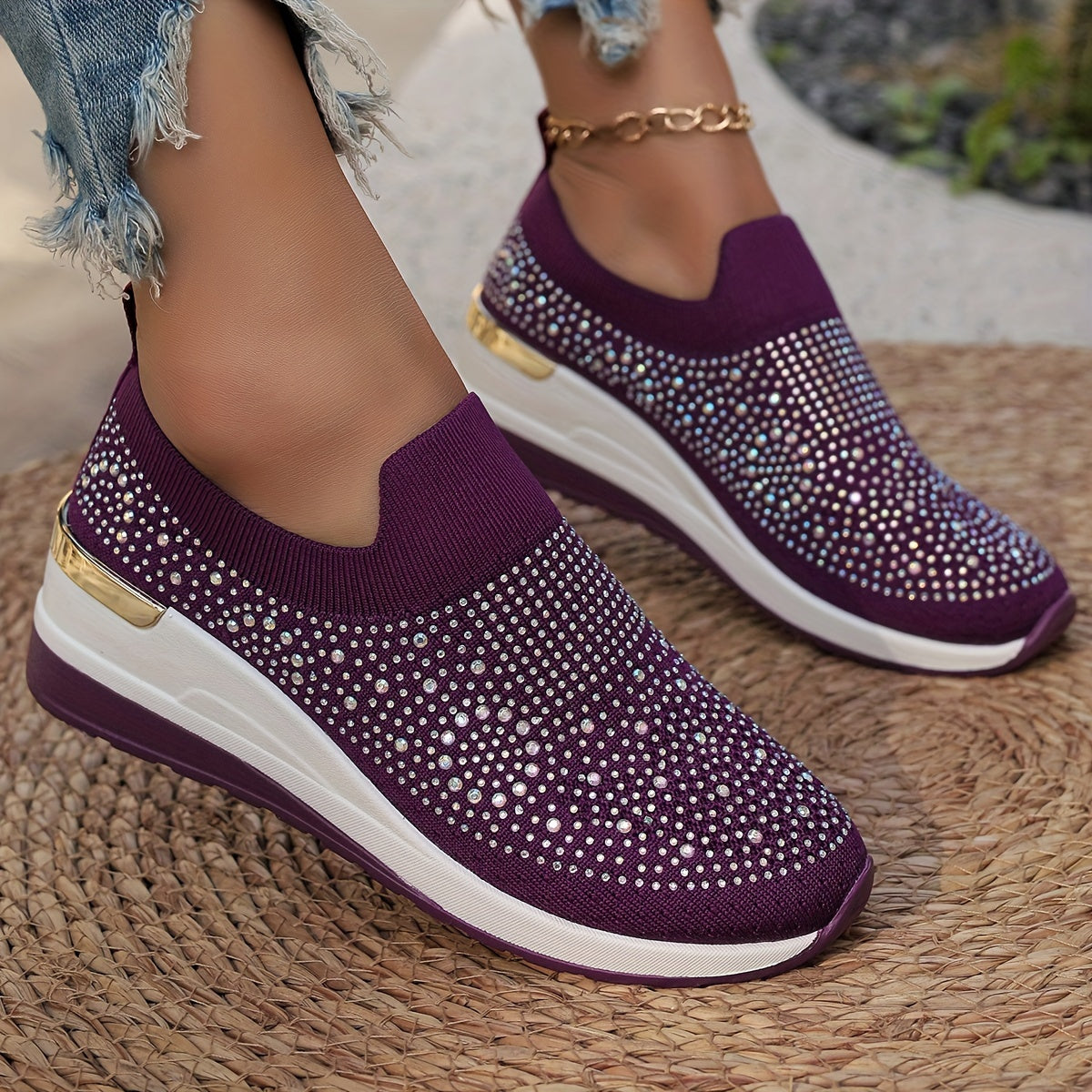 Women's Rhinestone Decor Platform Sneakers Casual Slip-On Outdoor Shoes