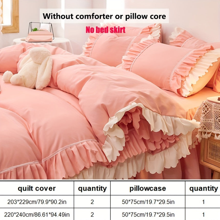 3 qismdan iborat pushti qirralangan to'shak to'plami 2 ta yostiq qopqog'i va 1 ta qopqoqni o'z ichiga oladi, to'ldiruvchi yoki qulaylik kiritilmagan.