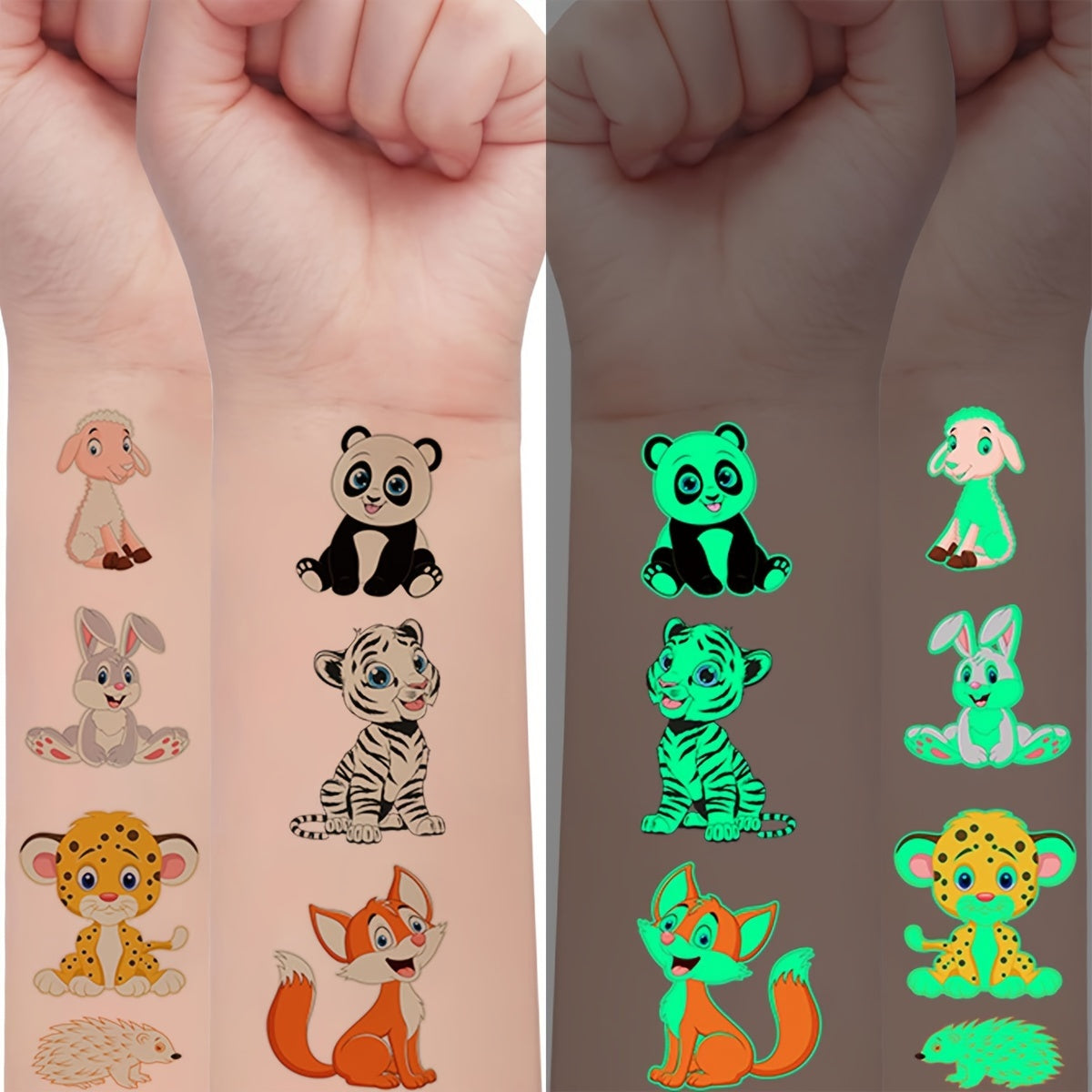 68-Pack Glow in the Dark Temporary Tattoos for Kids Animal Series Waterproof Stickers