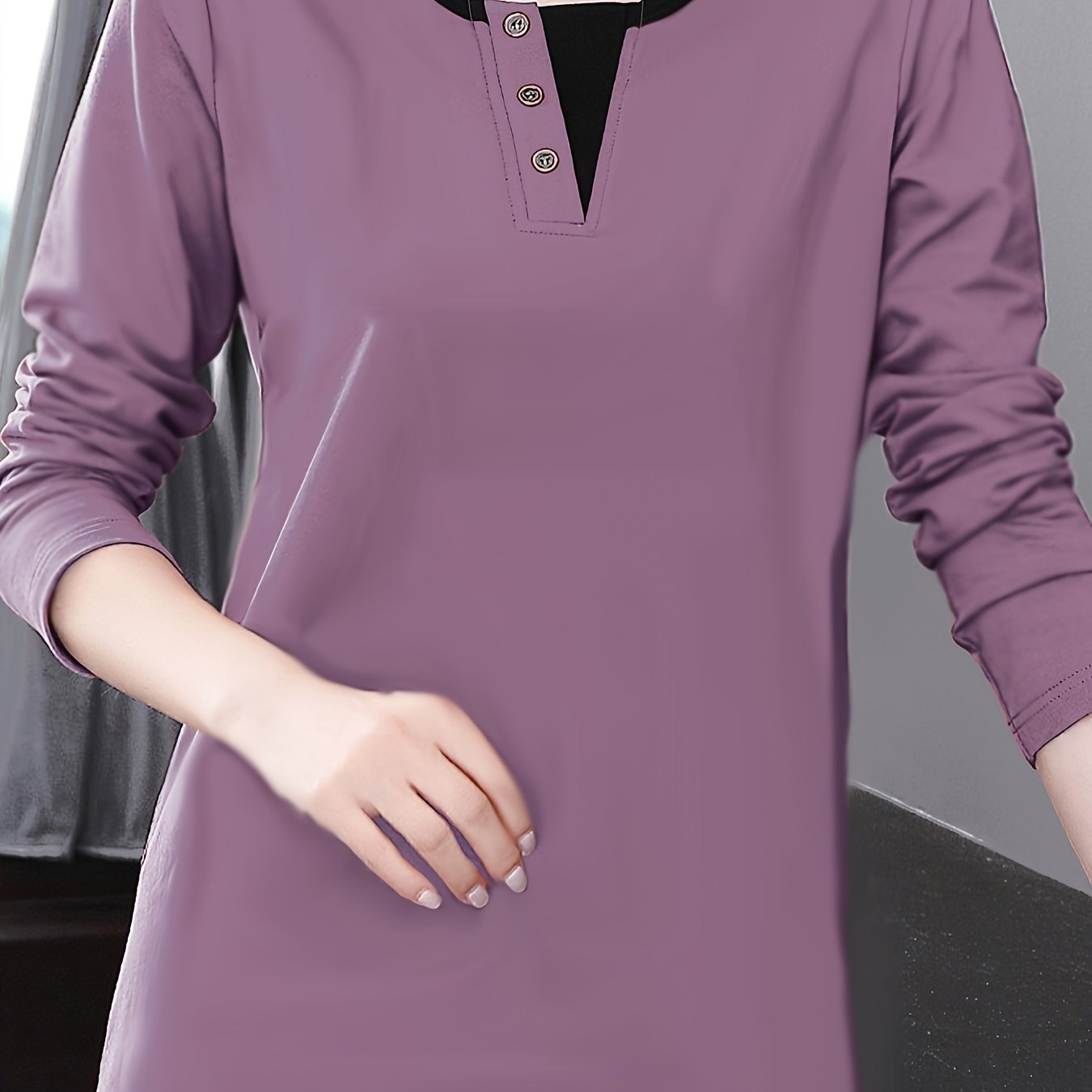 Deep Brown Long Sleeve T-Shirt for Women with Contrast Trim and Faux Button Detail Polyester Blend Spring Summer Elegant Korean Style