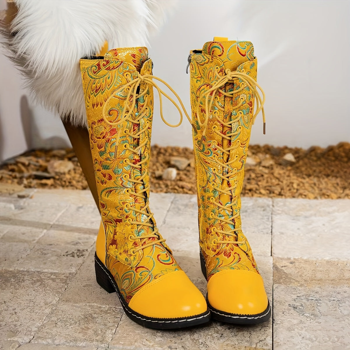 Women's Embroidered Faux Leather Knee-High Boots with Side Zipper