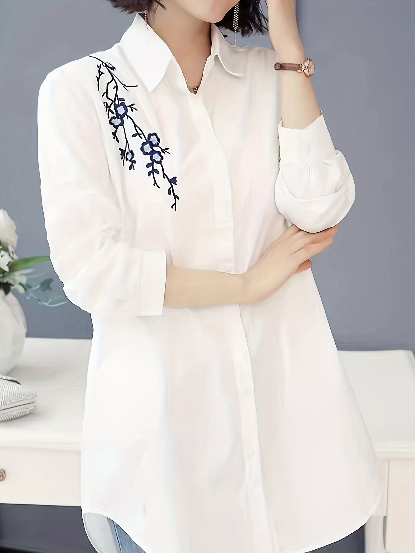 Women's White Polyester Blouse with Floral Embroidered Design for Spring Summer Fall