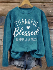 Women's Olive Green Long Sleeve T-Shirt with "Thankful Blessed" Print