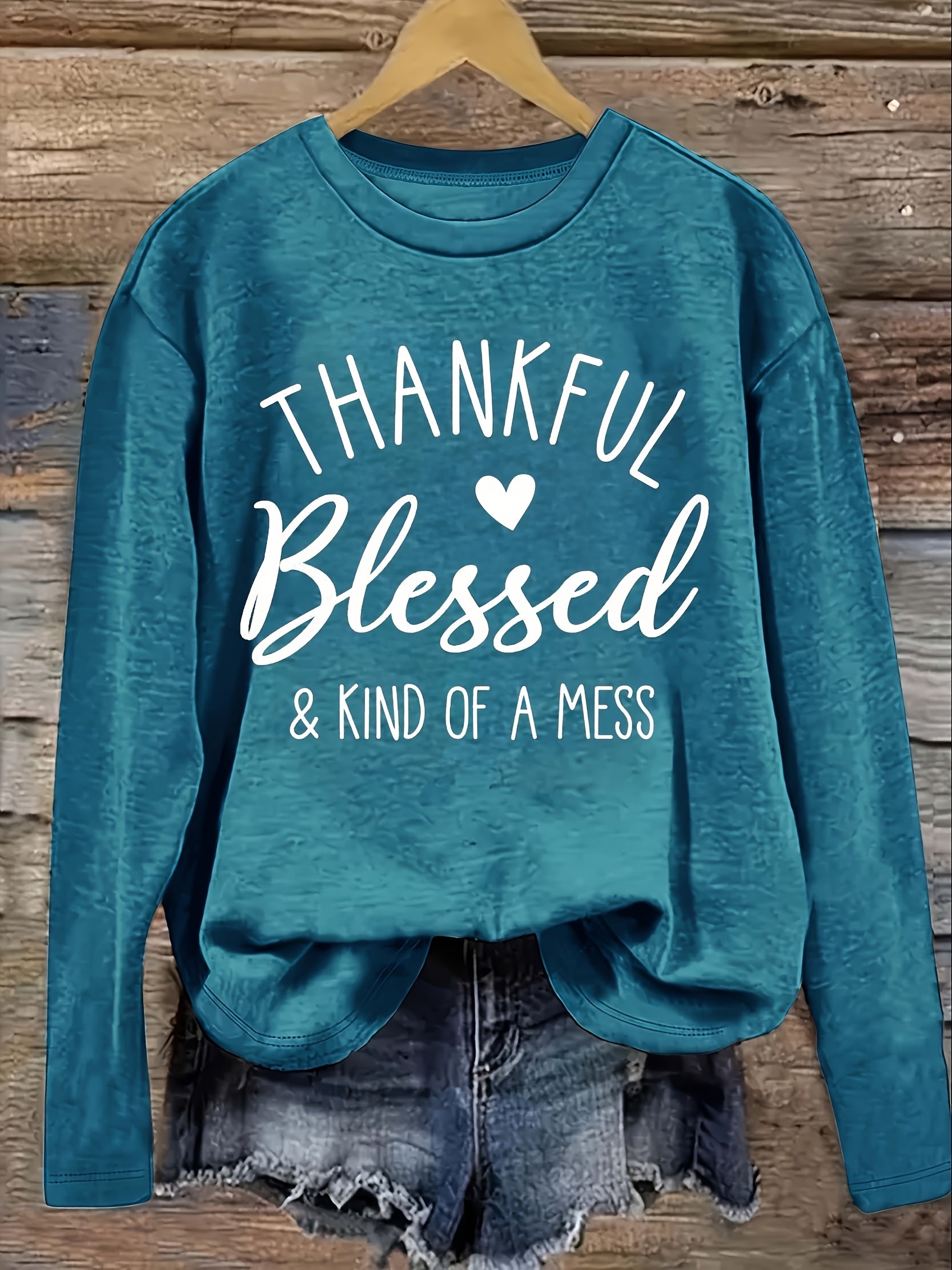 Women's Olive Green Long Sleeve T-Shirt with "Thankful Blessed" Print