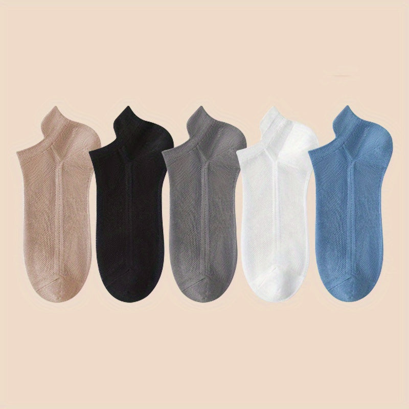 Men's Breathable Mesh Ankle Socks Summer Lightweight Sweat-Absorbent Solid Colors Polyester Blend Pack of 5