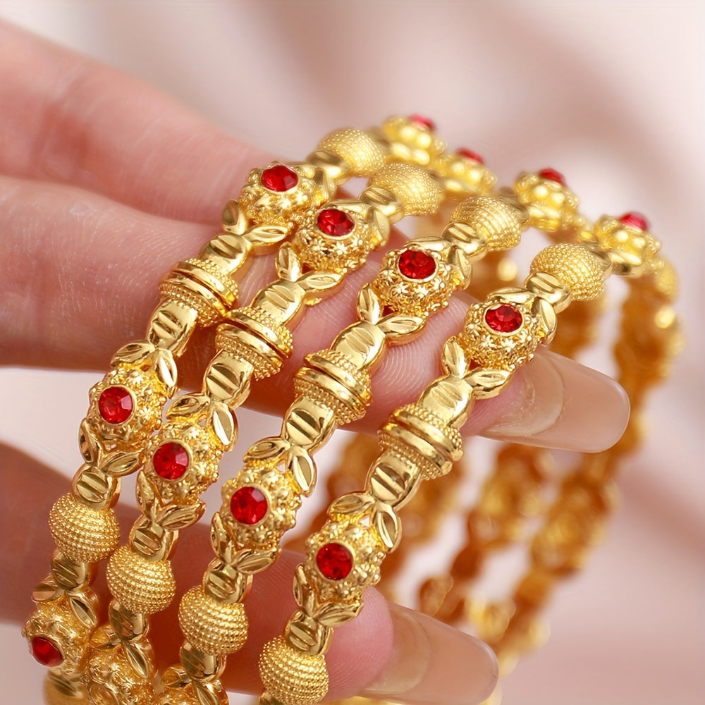 Gold-Tone Cuff Bracelet Set for Women with Red Crystals Open Design Elegant Jewelry