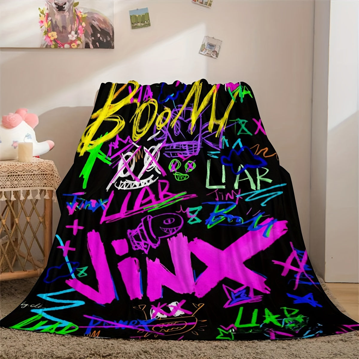 Contemporary Graffiti Style Flannel Throw Blanket Lightweight Stain-Resistant for Couch Travel Camping