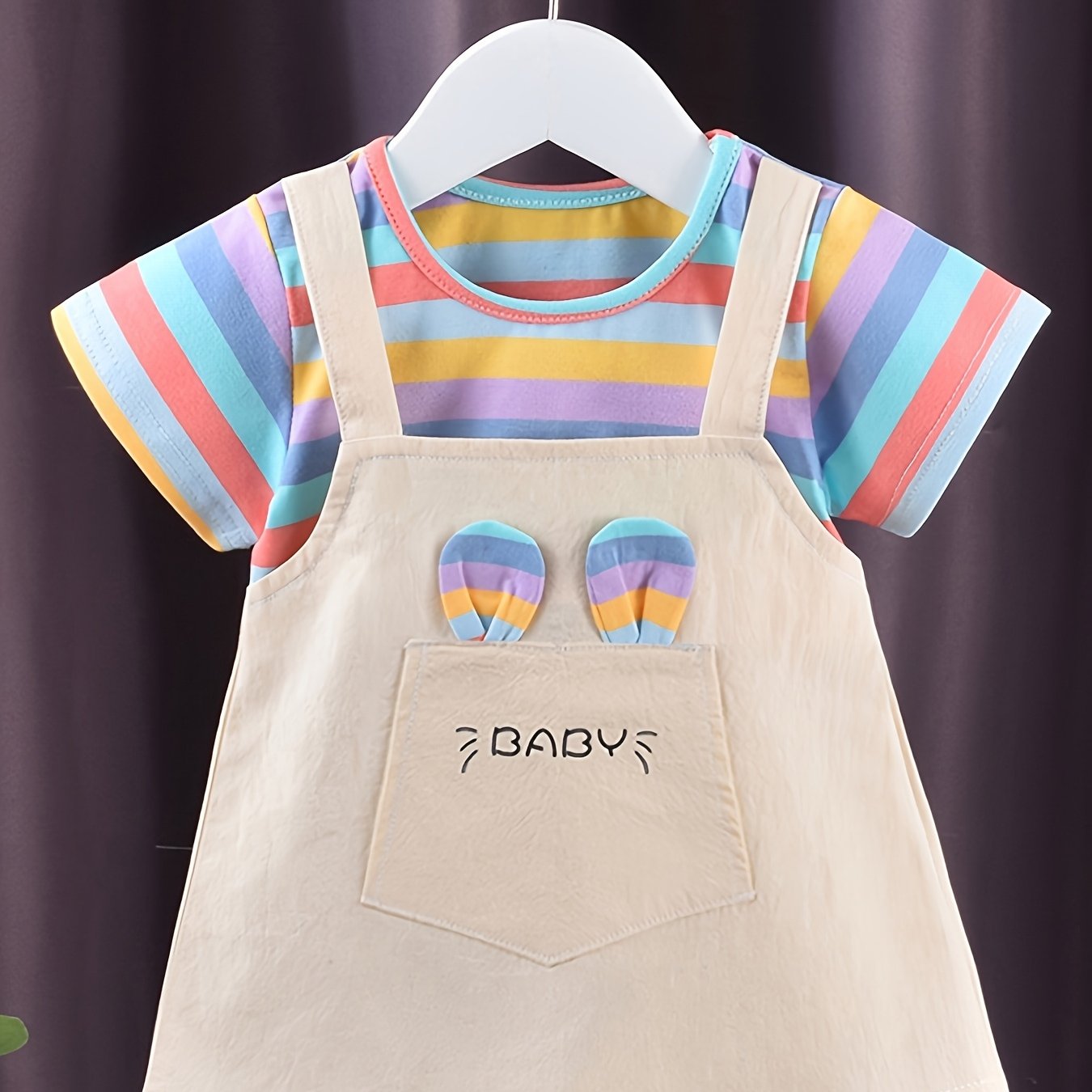 Baby Girl Summer Cotton Dress with Striped Short Sleeves Faux Two-Piece Knit Fabric Regular Fit