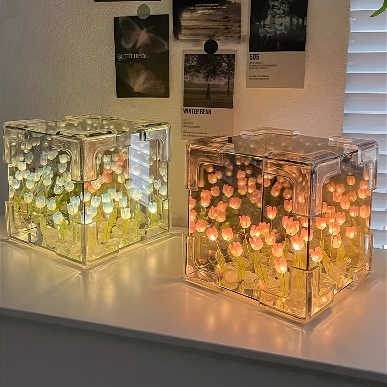 Night Light Kit Modern Floral Cube Design Battery-Powered for Bedroom Living Room Office