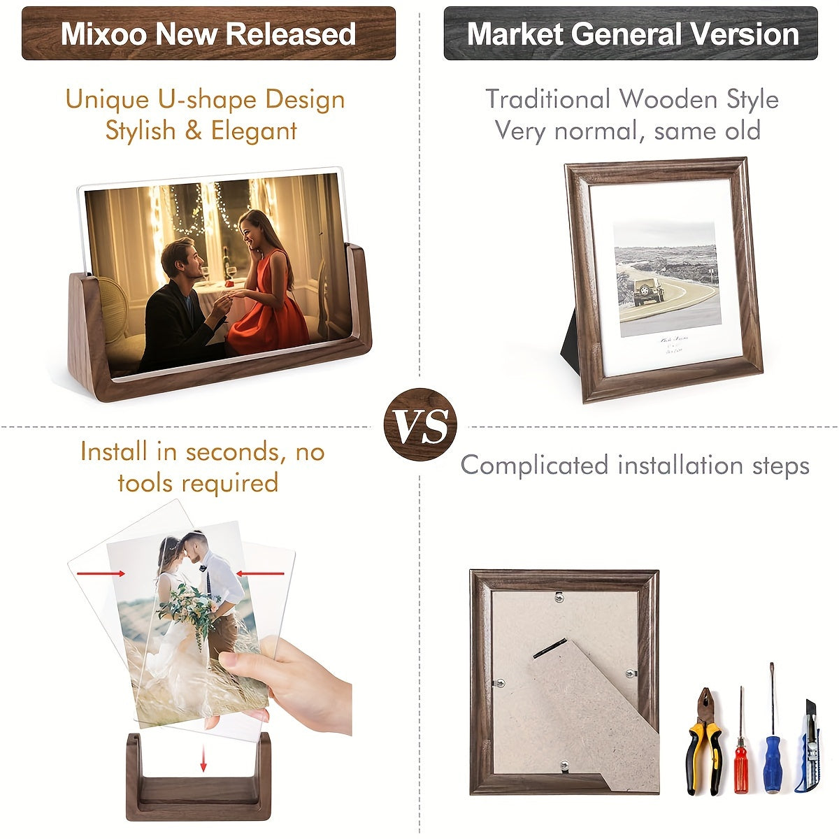 Marco de fotos de madera rústica 4x6 7x5 diseño campestre nogal acrílico HD para mesa de noche habitación