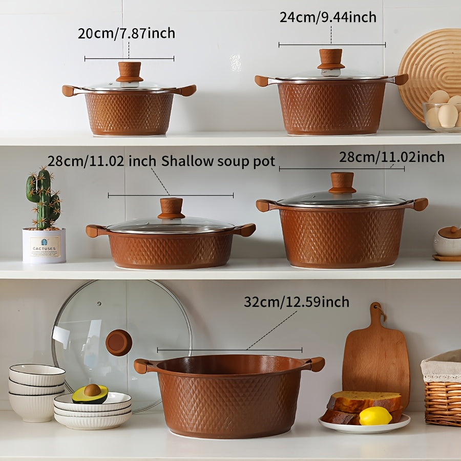 Ko'p funksiyali oshxona anjomlari to'plami, ichida sho'rva qozoni, yopishqoq bo'lmagan qovurish panasi, qaynatish qozoni va qovurish panasi mavjud, zamonaviy qahva rangida, ochiq olov yoki gaz pechlarida ishlatish uchun mos.