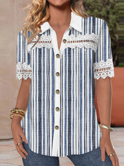 Women's Striped Short Sleeve Shirt with Lace Detail White Blue Polyester