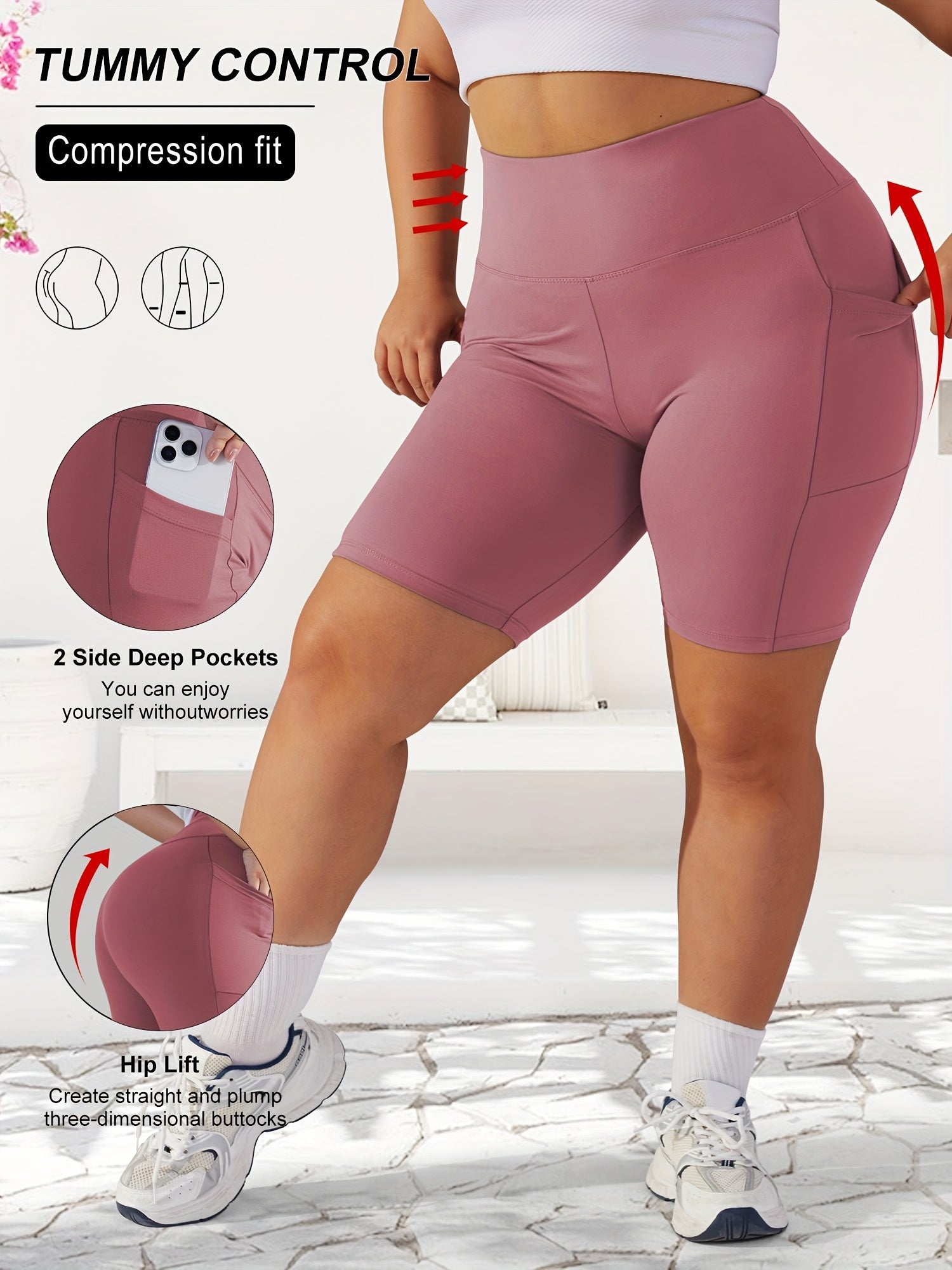Plus Size Women's High-Waisted Tummy Control Workout Shorts with Pockets