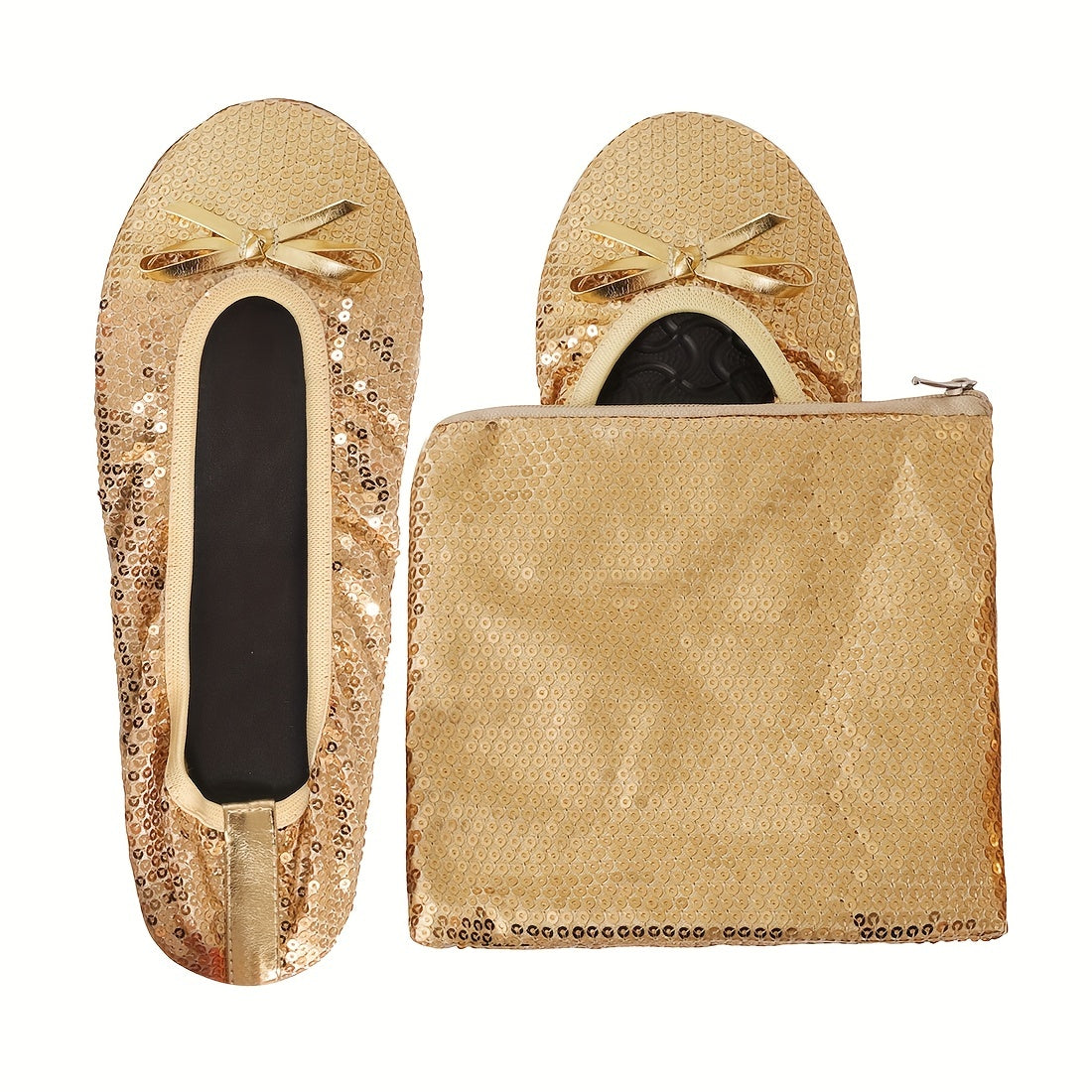 Women's Ballet Flats Foldable Travel Shoes with Removable Pouch Black