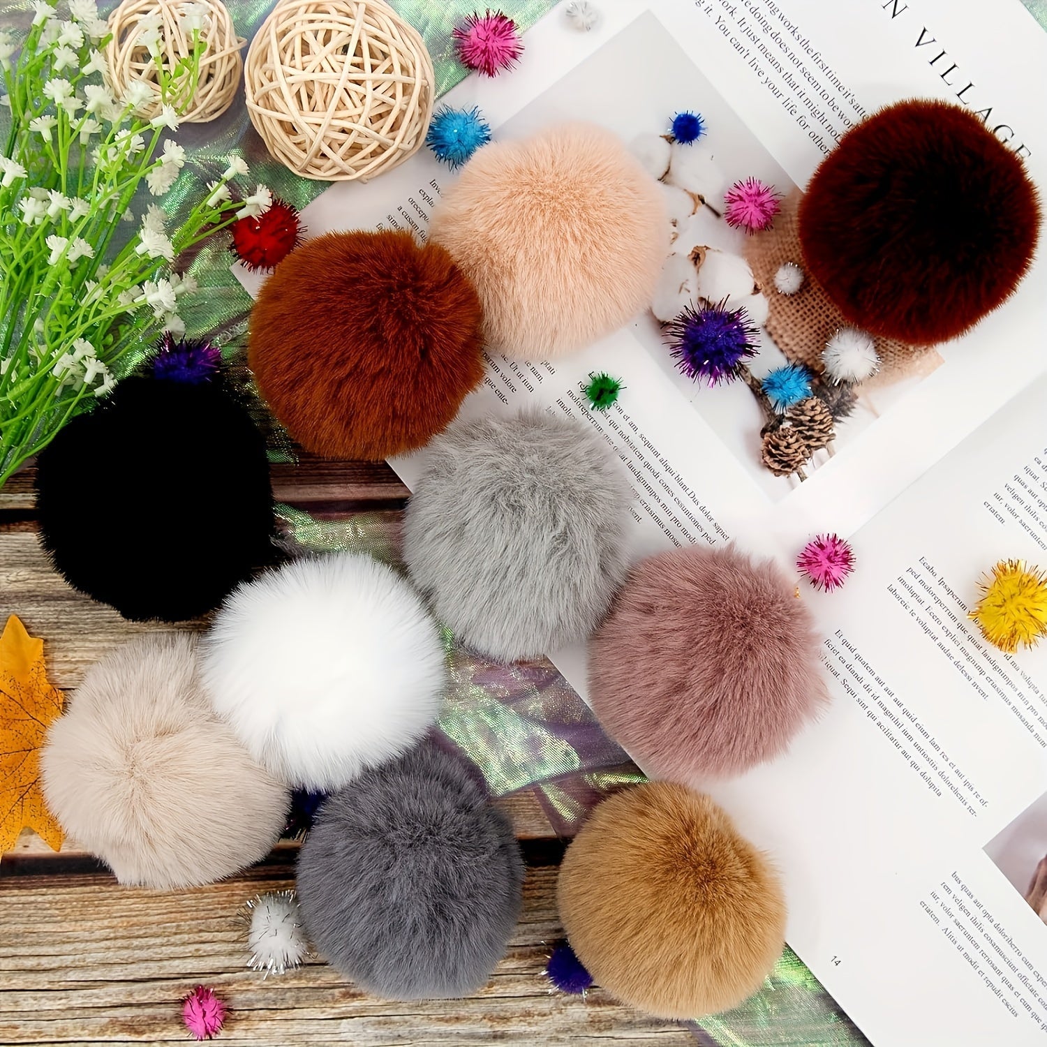 Faux Fur Pom Poms Set of 12 for Hats Keychains Scarves Bags Christmas Halloween