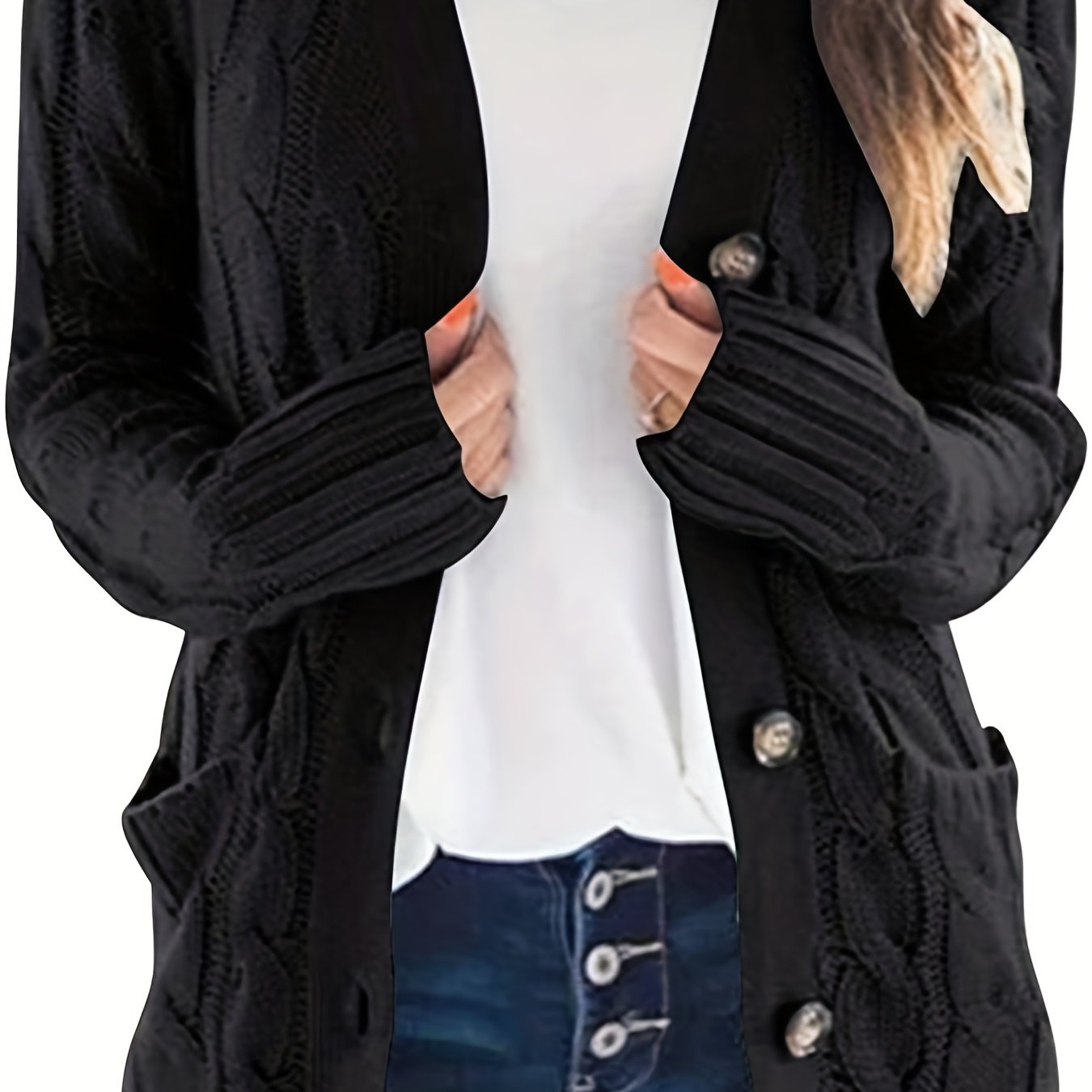 Plus o'lchamdagi ayollar uchun kabel to'qilgan uzun qo'lqopli kardigan, tugmachali