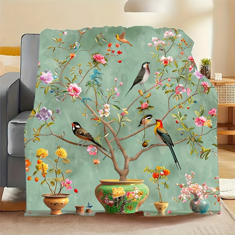 Green Floral and Bird Print Fleece Blanket for Home and Travel