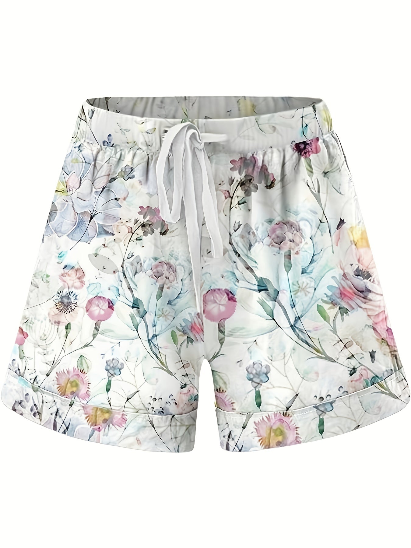 Women's Floral Print Casual Shorts Polyester Knit Drawstring Waist