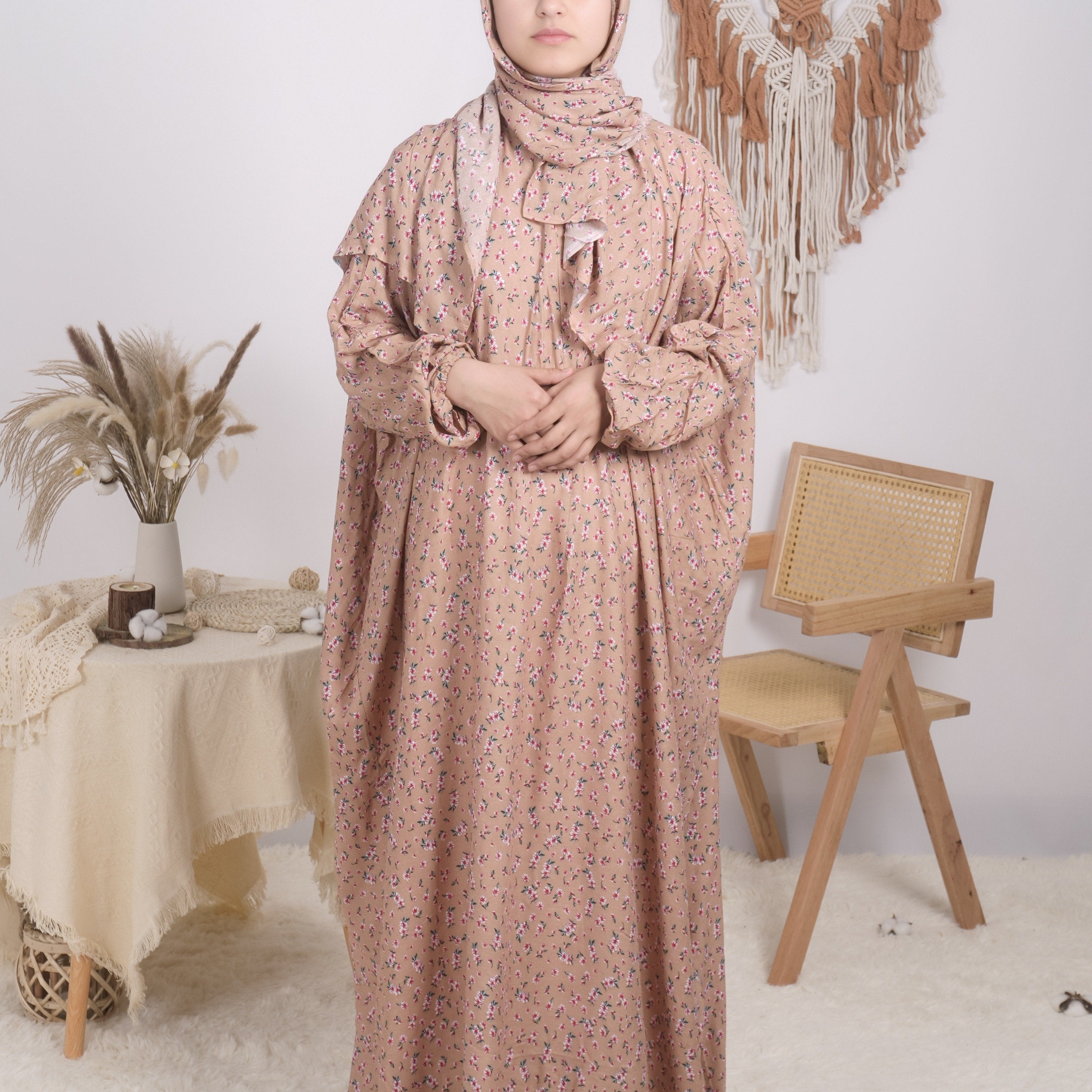 Plus Size Floral Kaftan Dress Long Sleeve Maxi Loose Fit