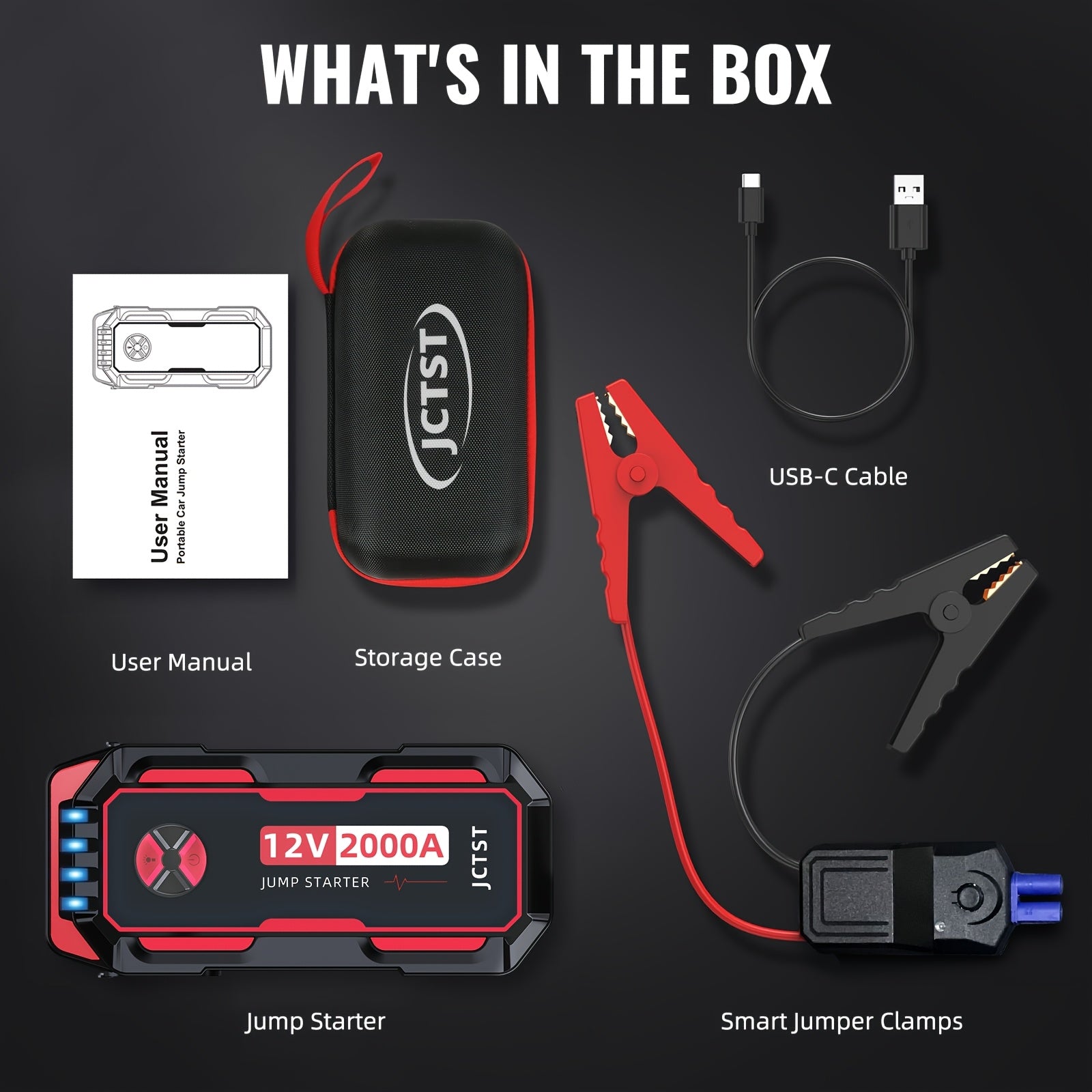 Portable Car Jump Starter 2000A Peak Lithium Battery with Safety Clamps