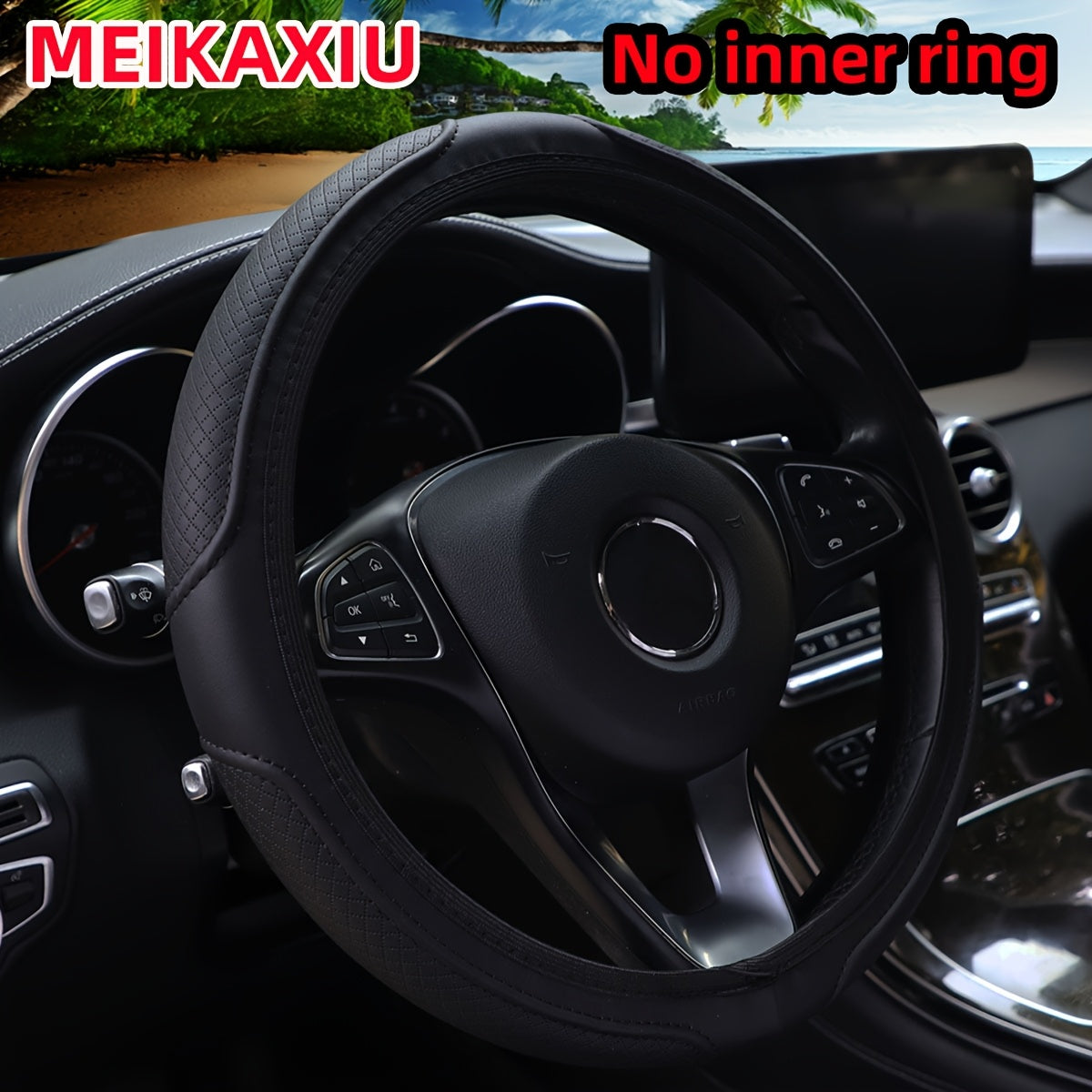 Car Steering Wheel Cover Leather Plaid Non-slip Fit 36.8-38.1cm