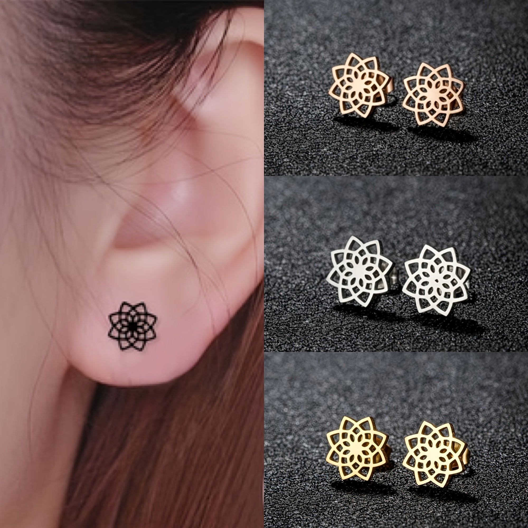 Women Stainless Steel Mandala Stud Earrings Geometric Flower Daily Yoga