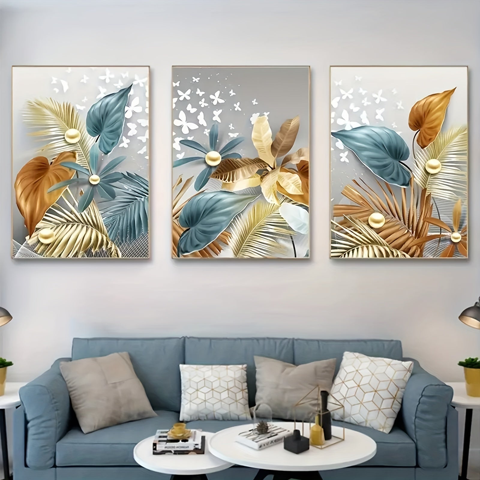 Frameless Canvas Wall Art Set of 3 Golden Butterfly Leaves Portrait 12x16 Inches