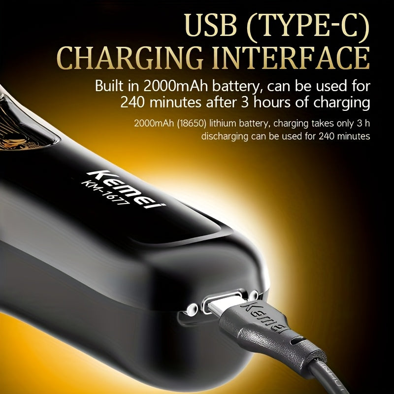 Kemei KM-1677 Профессиональный мужской машинка для стрижки с керамическими лезвиями, мотором 8000 об/мин, USB-зарядкой, регулируемой длиной, цифровым дисплеем, золотой и черной — идеально подходит для точных стрижек &