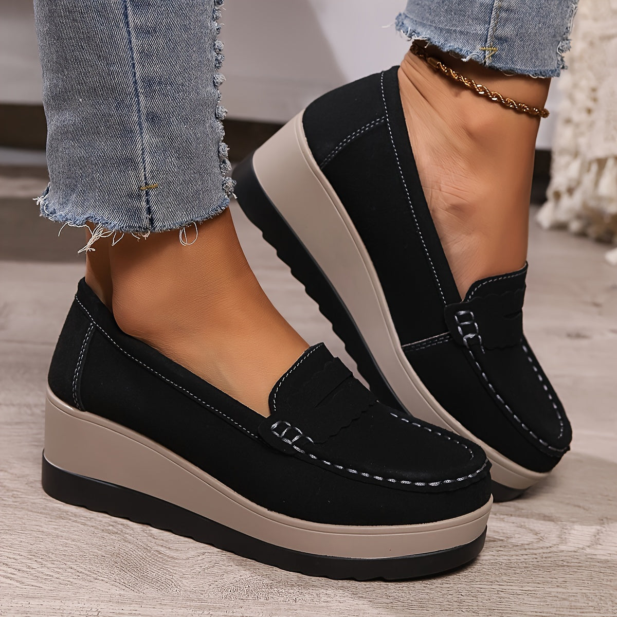 Women's Wedge Loafers Leather Slip-On Comfortable Elegant Casual