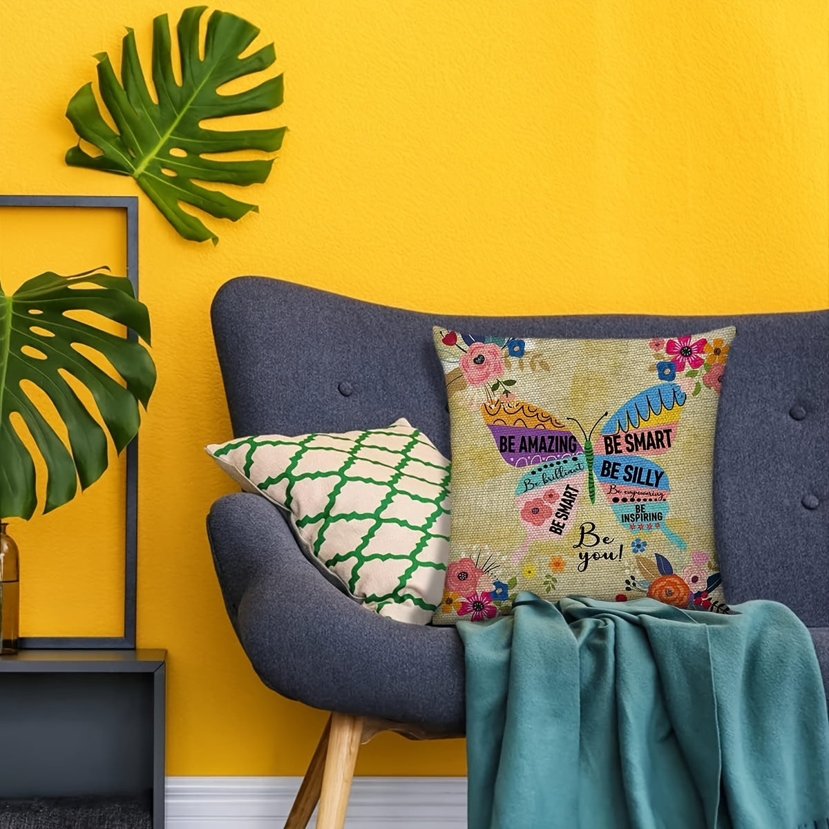 Butterfly Throw Pillow Cover Linen Print Single Sided Zipper Decorative Cushion Case for Living Room Bedroom