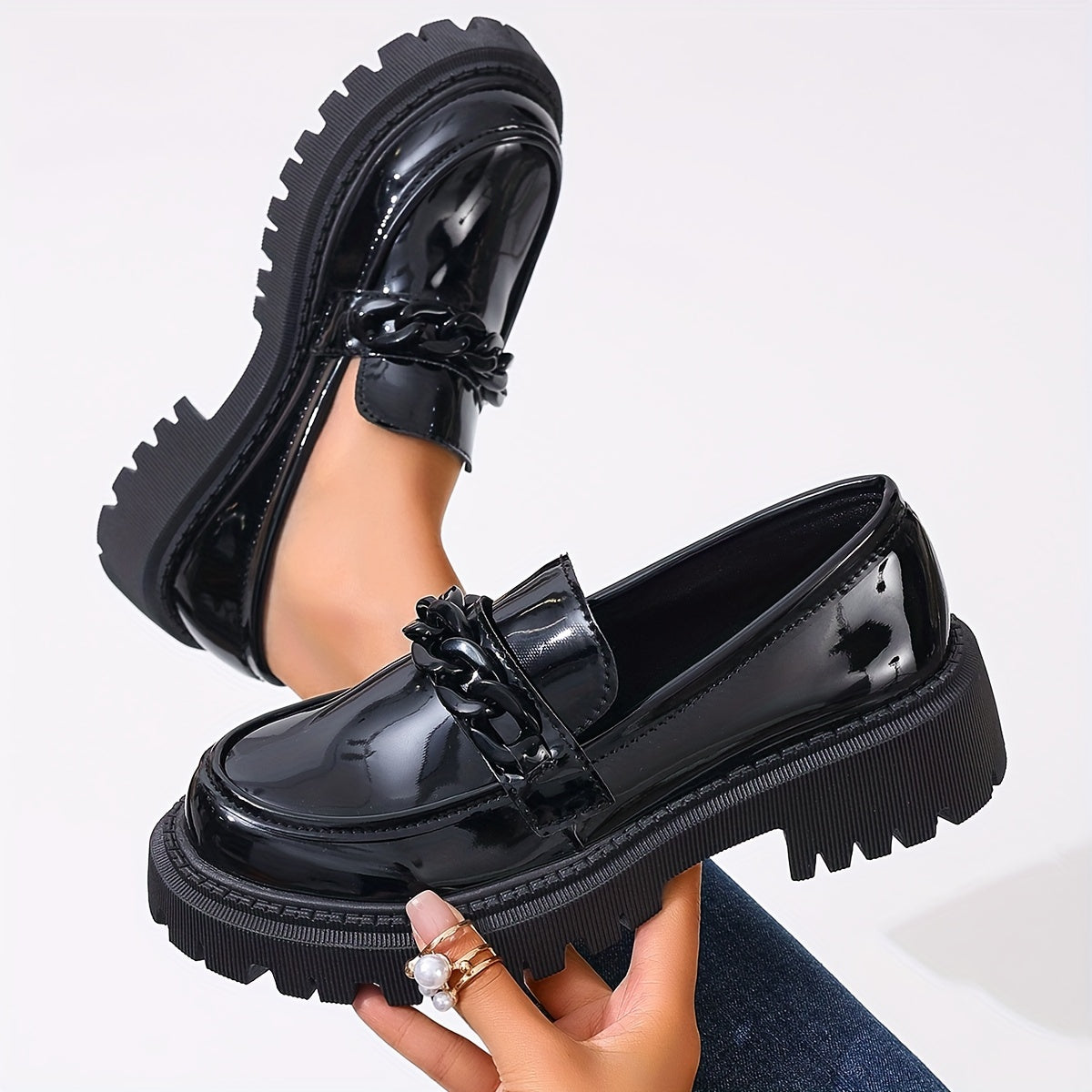 Women’s Black Loafers with Bow Slip-On Platform Casual Shoes