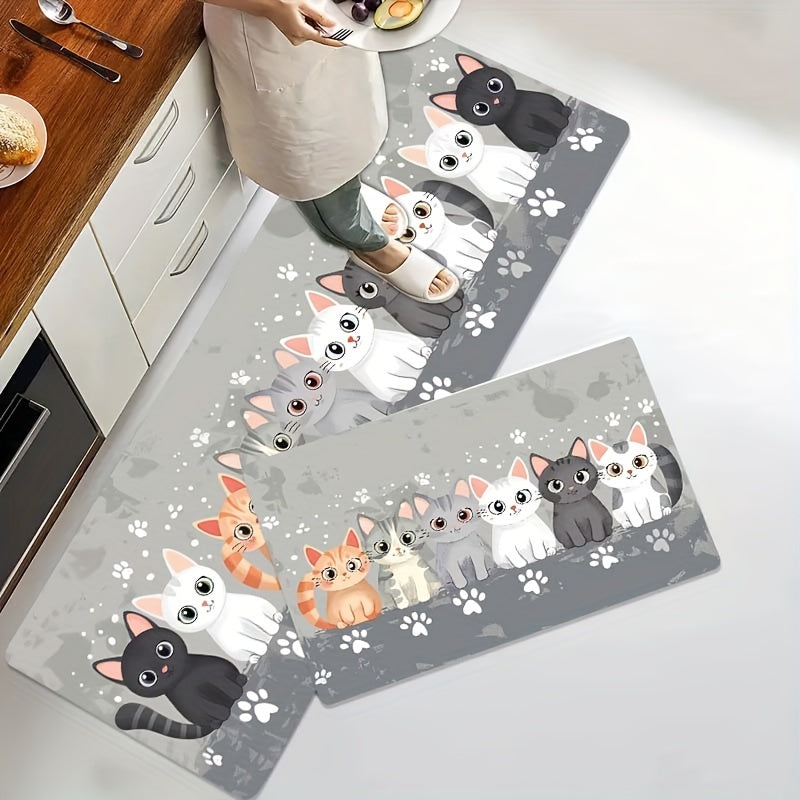 Alfombra de piso con huella de gato de dibujos animados gris, antideslizante, lavable, para entrada, cocina y baño