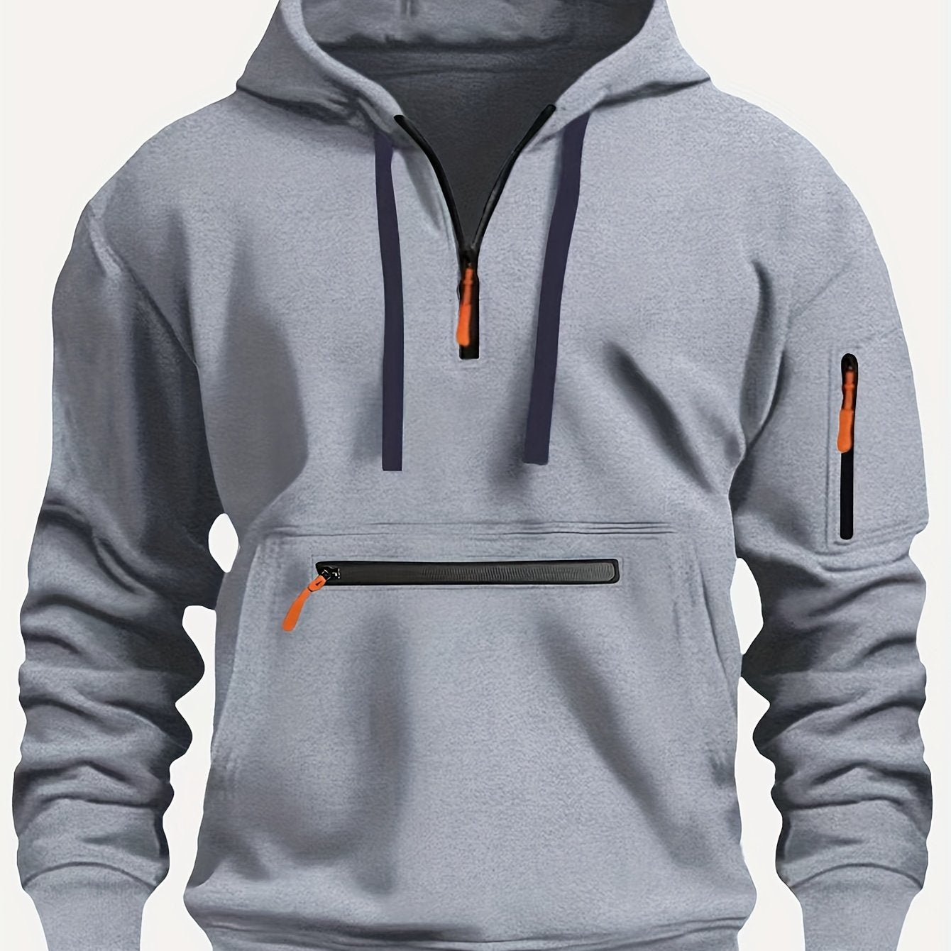 Men's Solid Color Polyester Half-Zip Hoodie with Kangaroo Pocket for Fall Winter