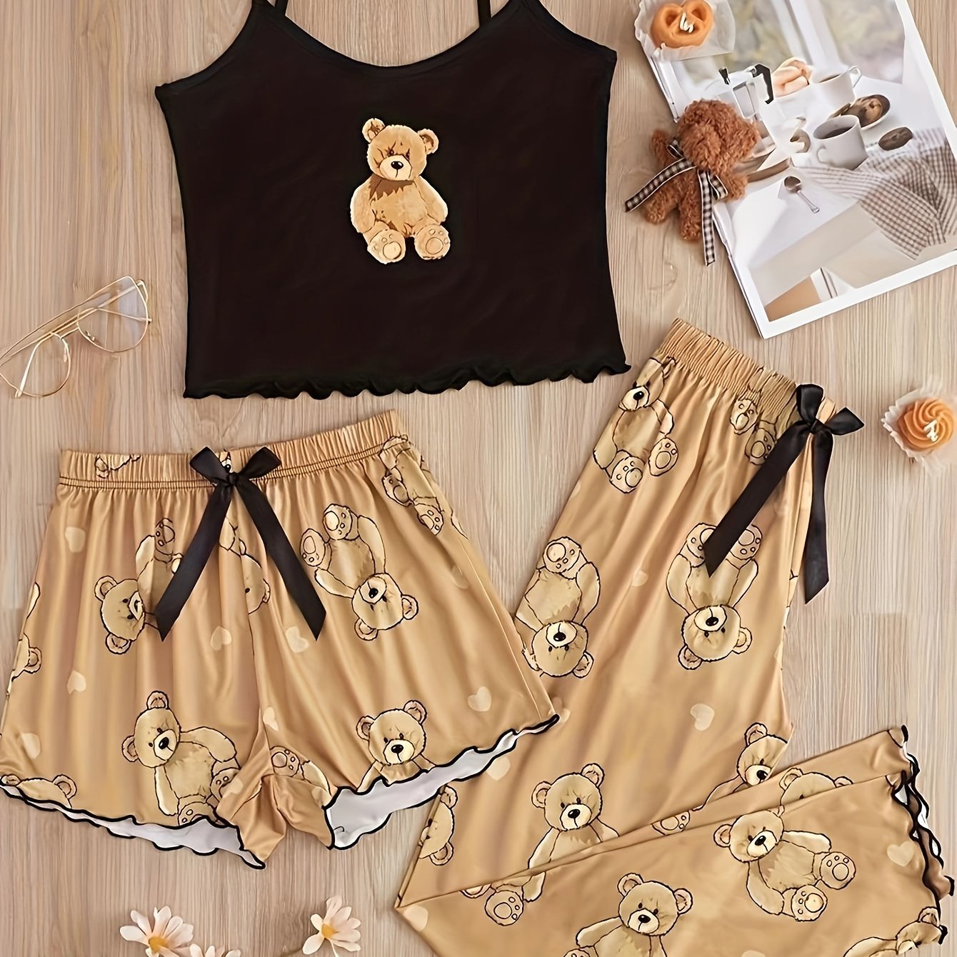Women's Bear Print Pajama Set with Lettuce Trim Crop Cami Top Shorts and Pants