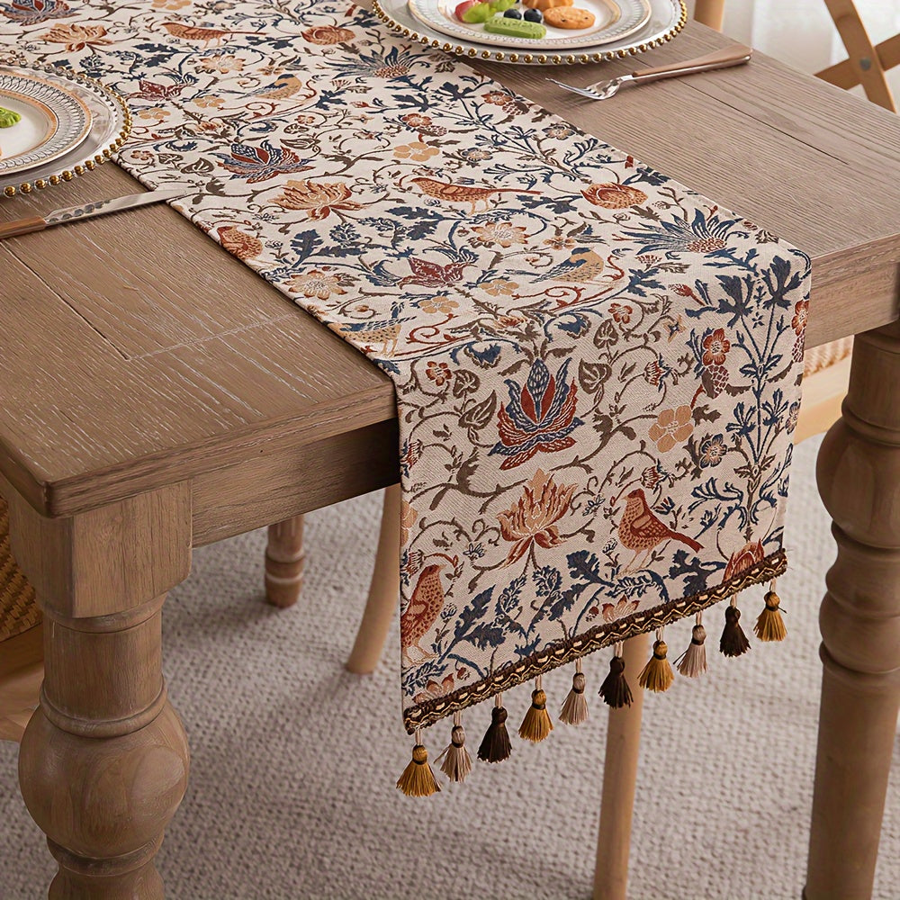 Vintage Floral Bird Jacquard Table Runner with Tassels 33cm Rustic Style