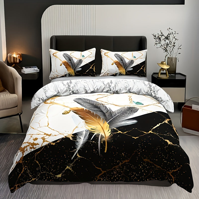Duvet Cover Set with Marble Feather Print Soft Bedding for Bedroom and Guest Room