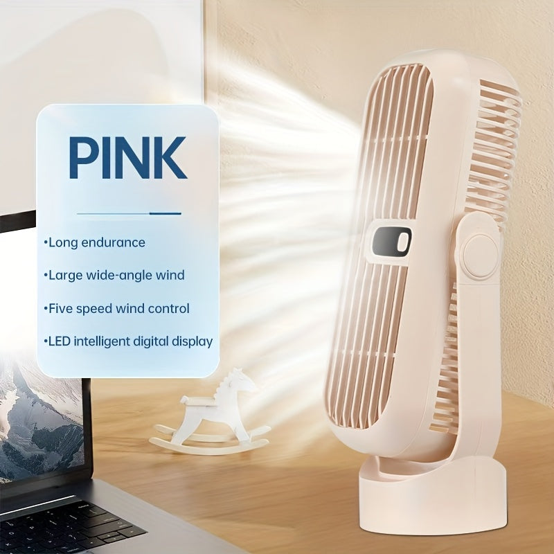 JKUOO Портативный беспроводной настольный вентилятор - мини-вентилятор с охлаждением на 5 скоростей, перезаряжаемый через USB, с LED-дисплеем, тихой работой, вращающимся дизайном для различных настроек. Компактный, легкий, портативный вентилятор.