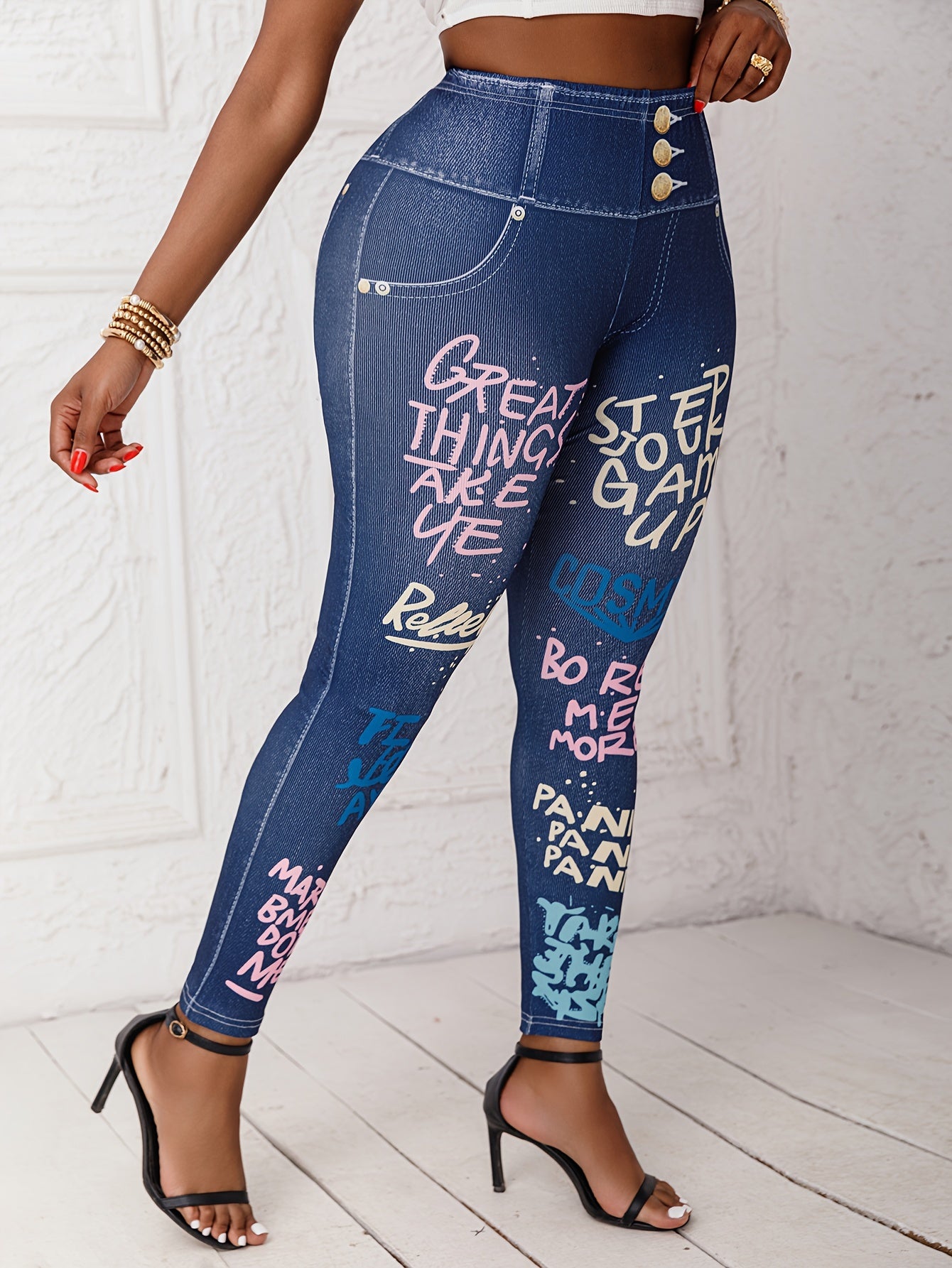Plus Size Women's Denim Leggings High-Waisted Stretchy Workout All-Season