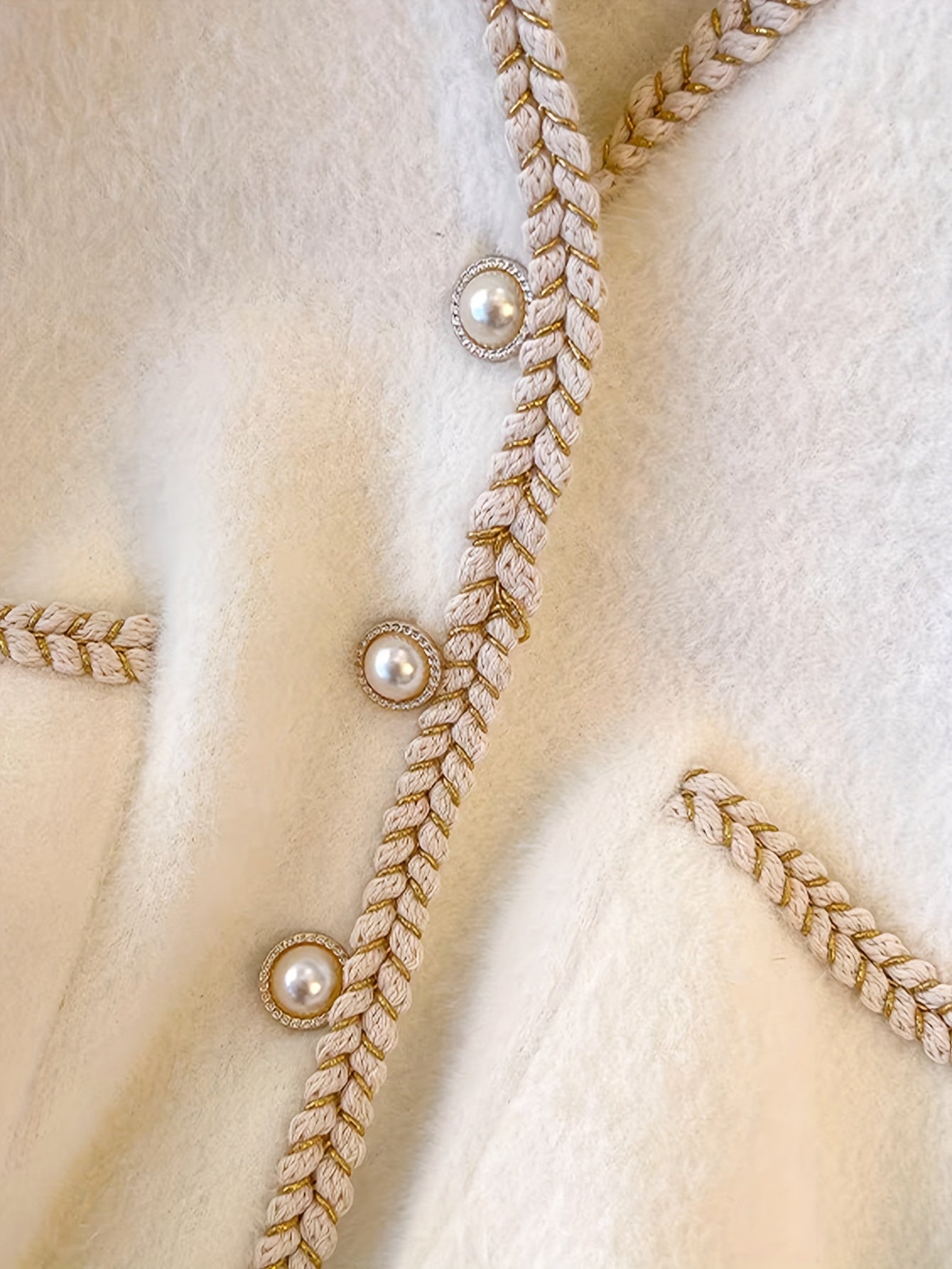 Zarif V-shaklidagi kardigan, soxta marvarid tugmalari bilan, akril va polyester aralashmasidan tayyorlangan, barcha fasllar uchun ideal.