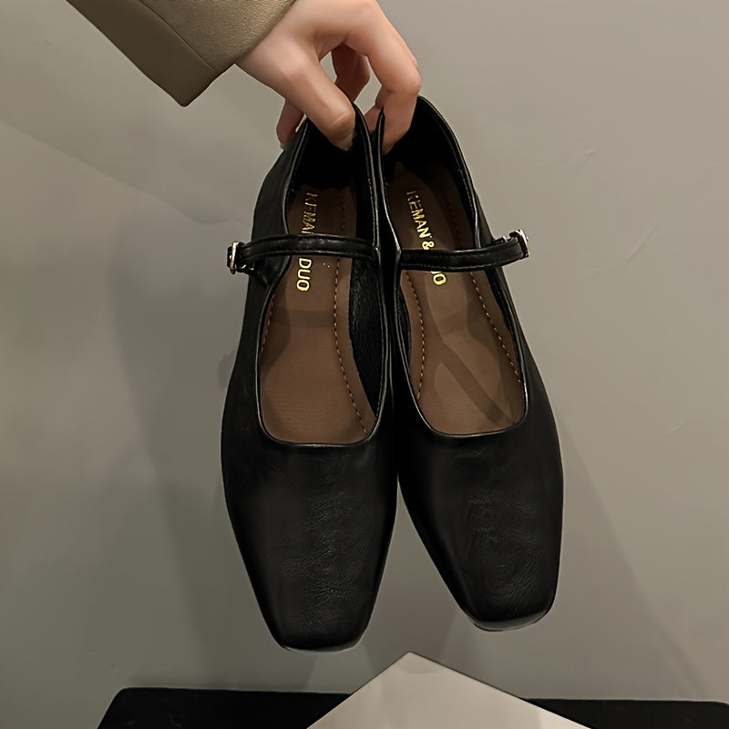 Women's Flat Shoes Square Toe Buckle Strap Lightweight Solid Color Elegant Mary-Jane