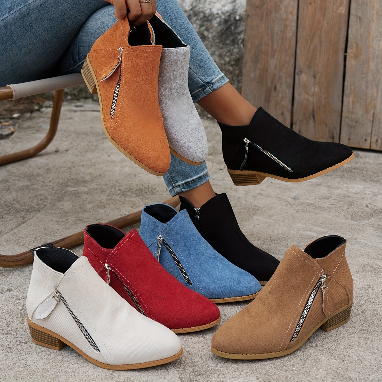 Women's Chelsea Ankle Boots Slip-On Mid Heel Pointed Toe Black White Green Red