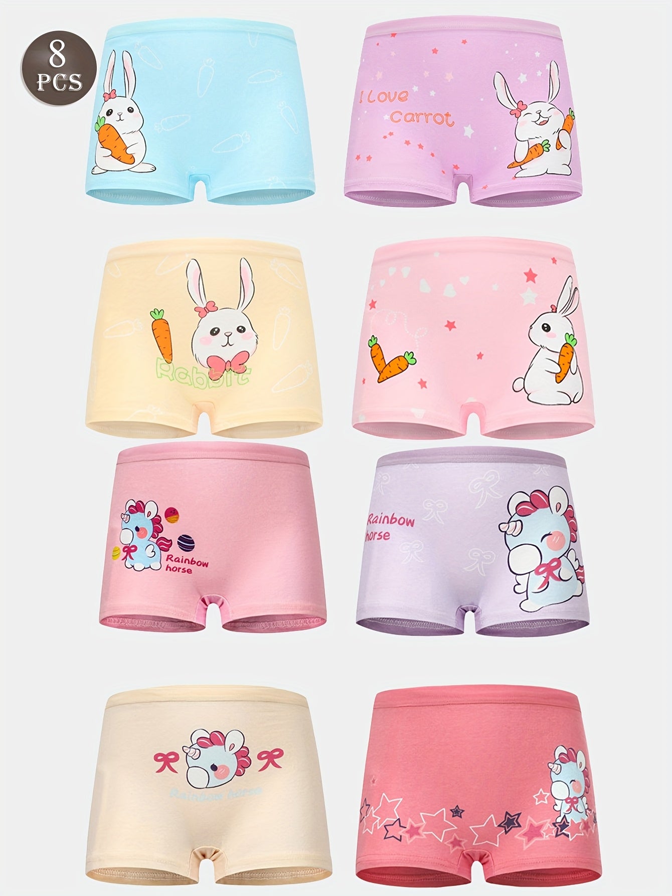 Girls' Cotton Blend Boxer Briefs 8-Pack with Cartoon Animal Prints Medium Stretch Comfortable Fit
