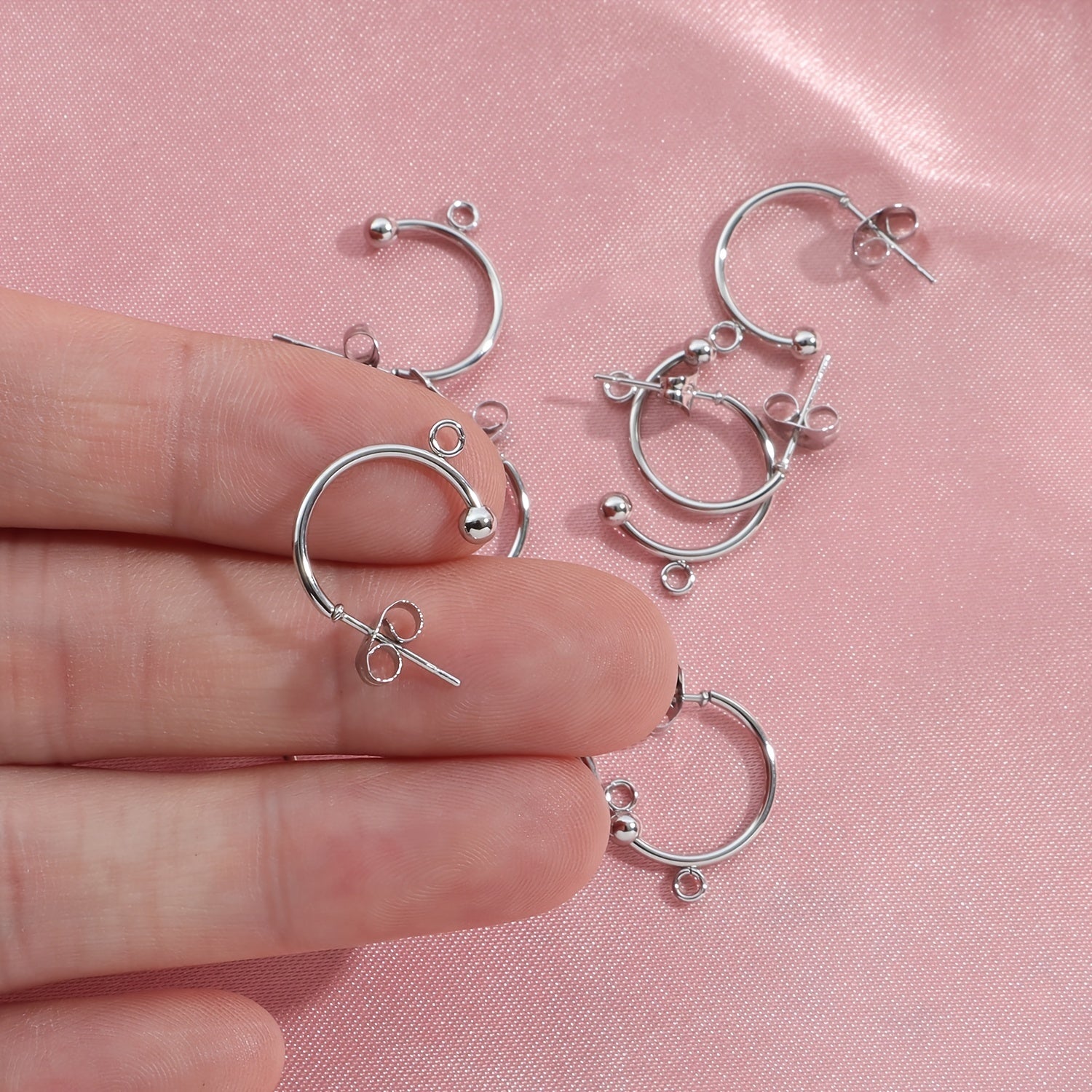 Stainless Steel C-shaklidagi sirg‘alar, 10 ta to‘plam, DIY zargarlik ishlab chiqarish uchun, to‘pli beadlar bilan