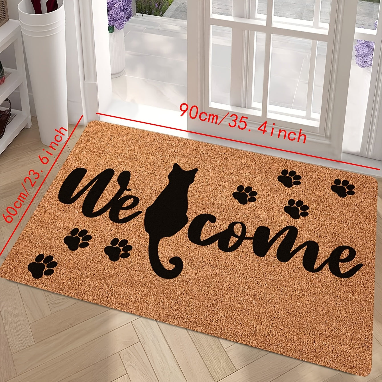 Cat Welcome Doormat Stain-Resistant Polyester Indoor Outdoor Black Cat Silhouette