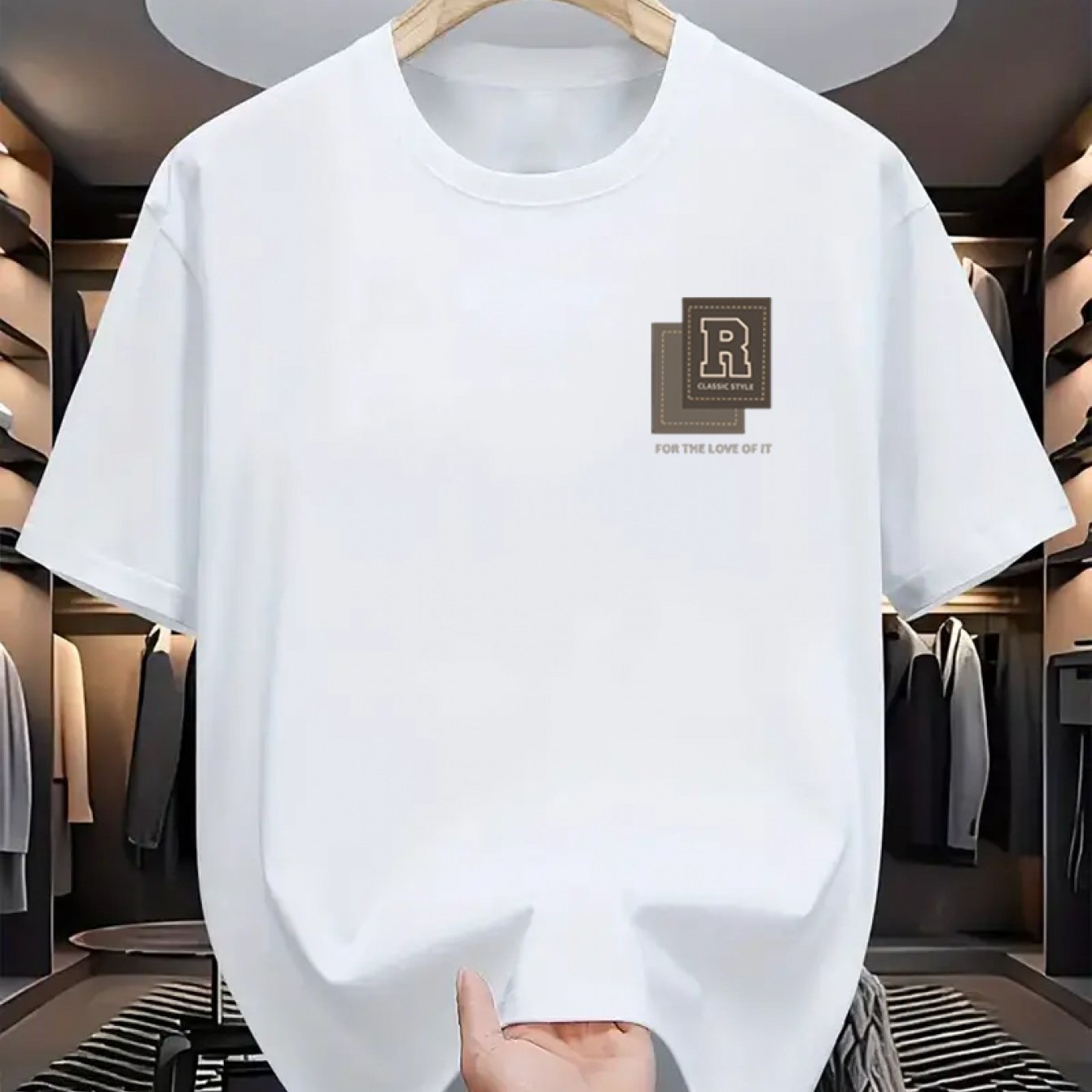 Men's Cotton Casual T-Shirt with R Print Crew Neck Short Sleeve All-Season