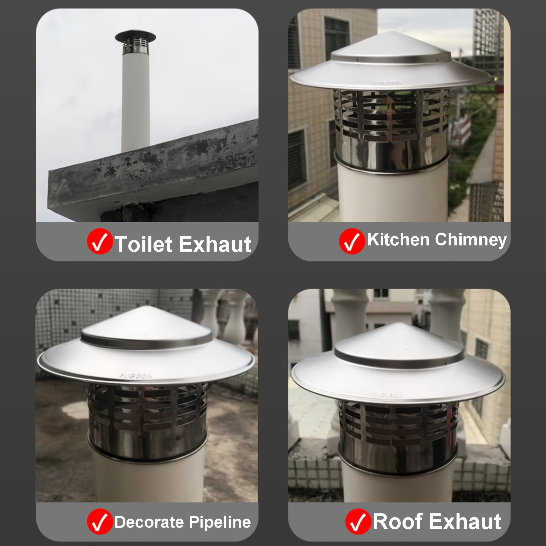 Stainless Steel Windproof Roof Chimney Cap 110mm with Bird Guard and Mesh