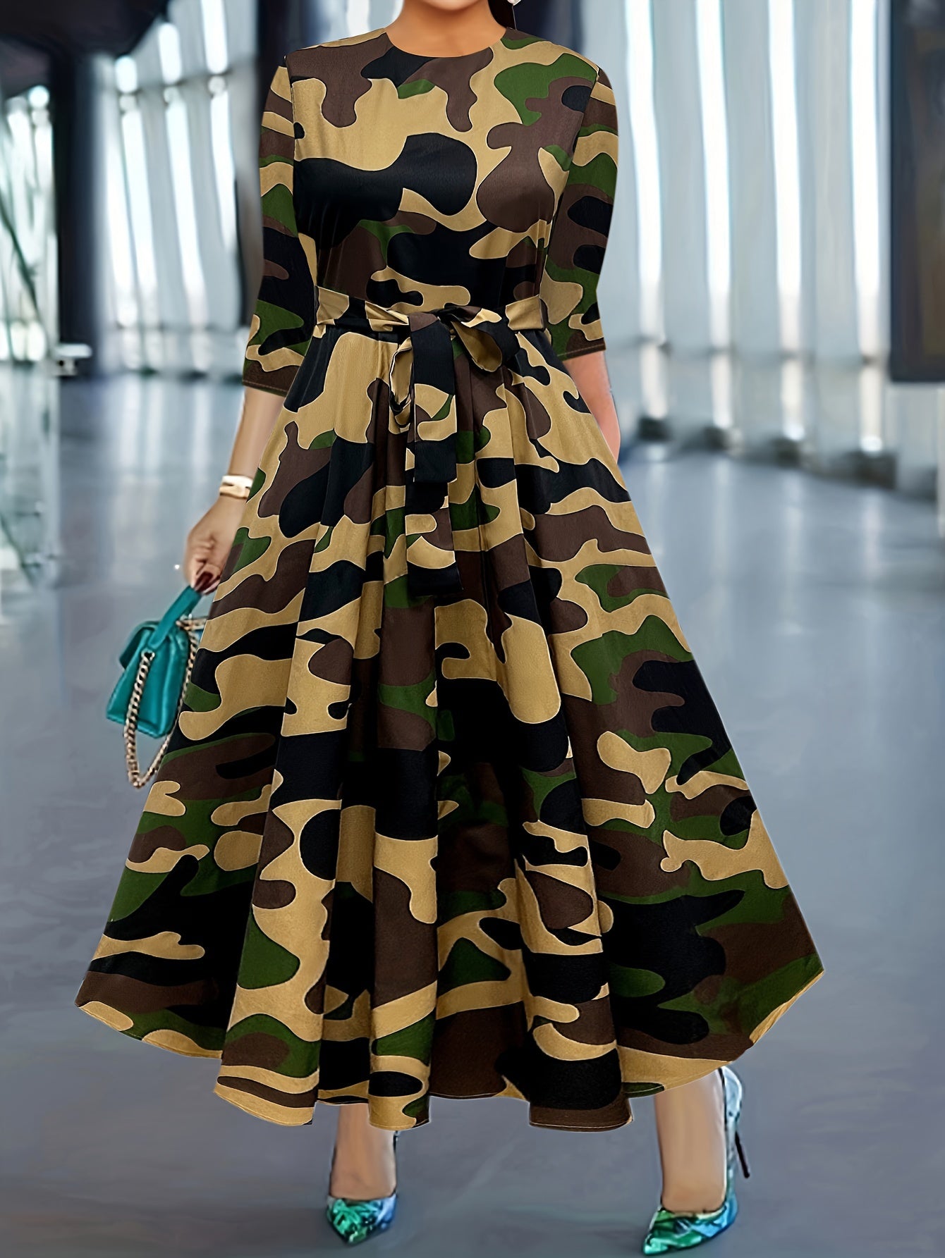 Women's Geo Print Crew Neck Dress with Half Sleeves Belt Polyester Spring Fall