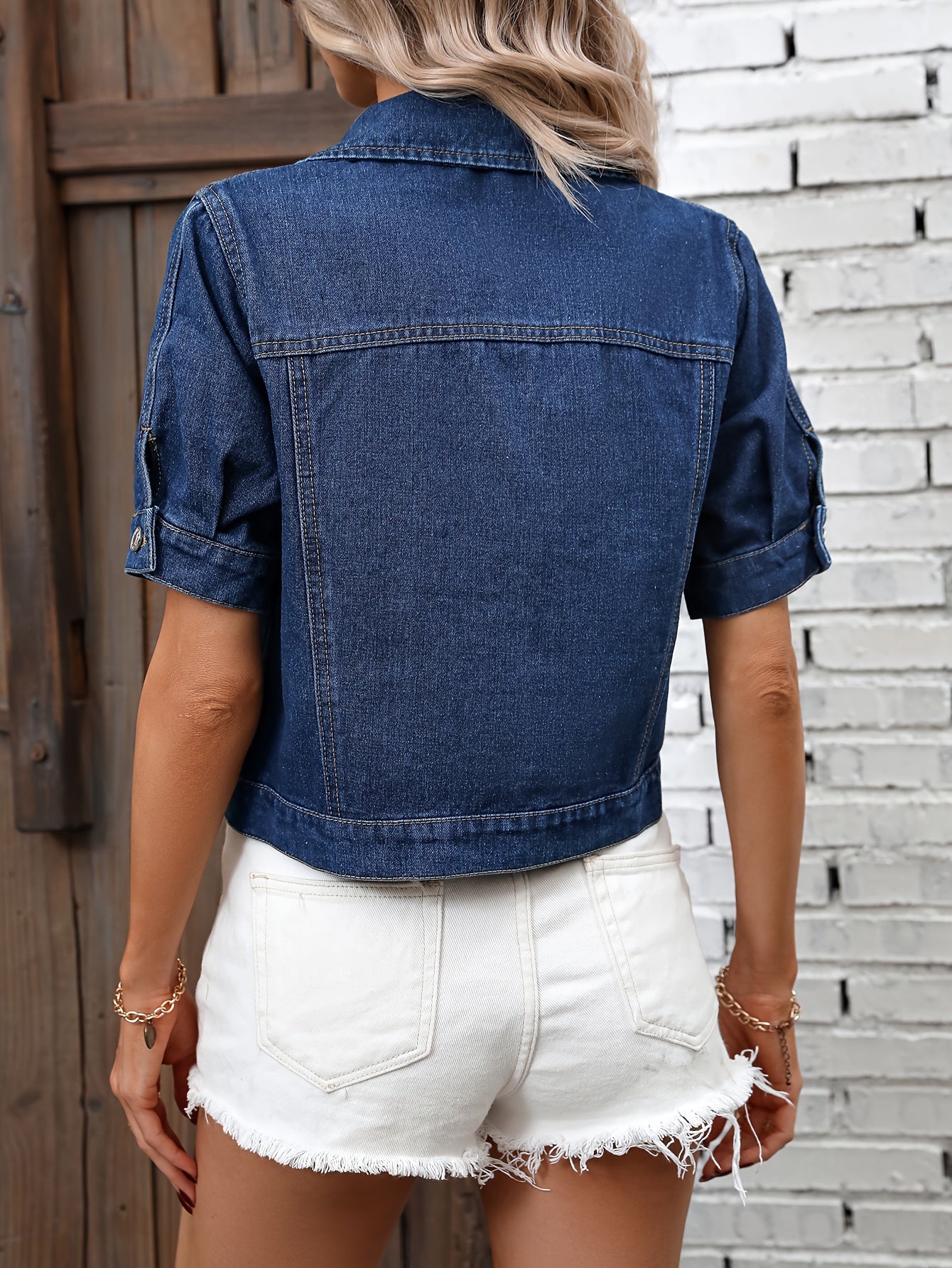 Women's Denim Jacket Short Sleeve Classic Button-Up Spring Summer