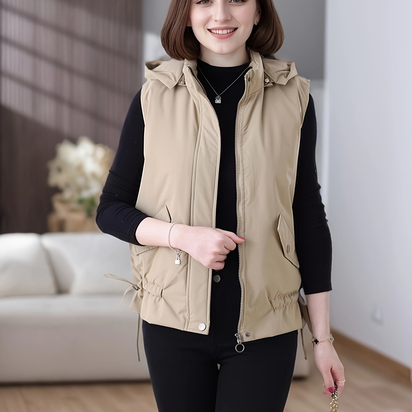 Women's Beige Hooded Puffer Vest Casual Warmth Polyester Lined